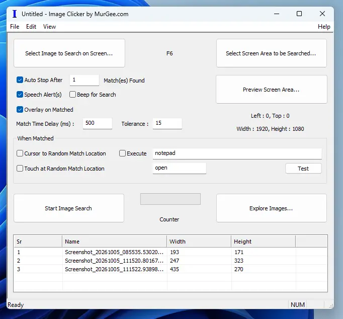 Image Clicker by MurGee.com - Main Application Window and Automation Settings